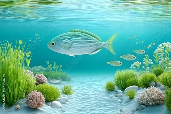 Fototapeta Underwater view of clean ocean floor with fish and seaweed