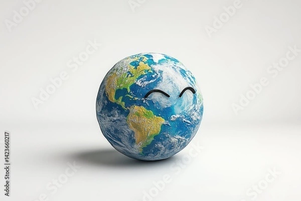 Fototapeta A smiling Earth globe, showcasing continents and oceans, symbolizes environmental care and global unity.