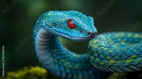 Fototapeta Observing Colorful Viper Snake with Red Eyes in Natural Habitat Close Up