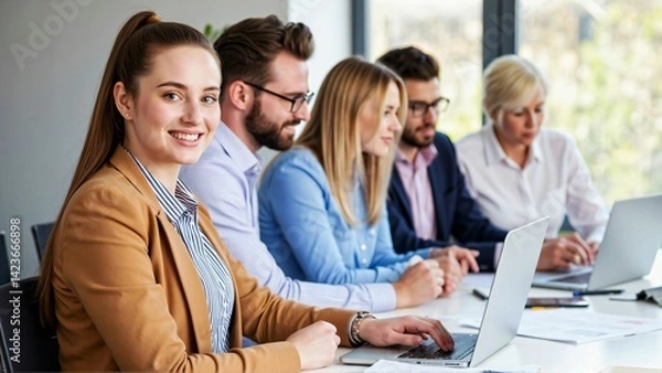 Obraz Team portrait full of ambition for success in a bright meeting room with a smiling young woman looking at the camera while a diverse young business team works collaboratively in the background