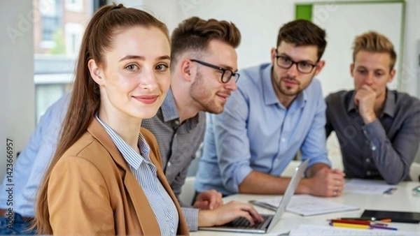 Obraz Team portrait full of ambition for success in a bright meeting room with a smiling young woman looking at the camera while a diverse young business team works collaboratively in the background