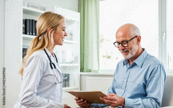 Obraz Caring medical care scene in a comfortable clinic examination room with a young female doctor showing information on a tablet and talking gently with an elderly male patient, explaining the treatment 