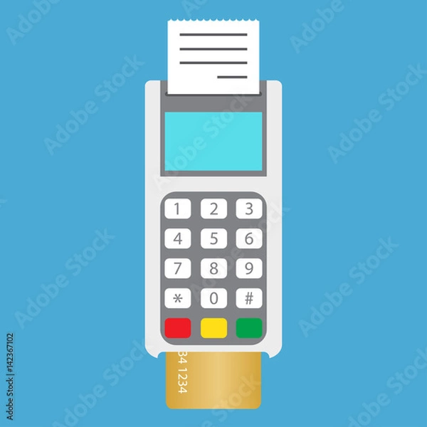 Fototapeta Pos terminal with credit card. Vector illustration. Shopping and service payment with plastic card. Pos with pin pad.