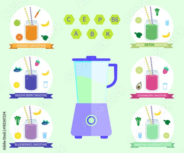 Fototapeta Healthy smoothie set with recipes.Vector illustration.