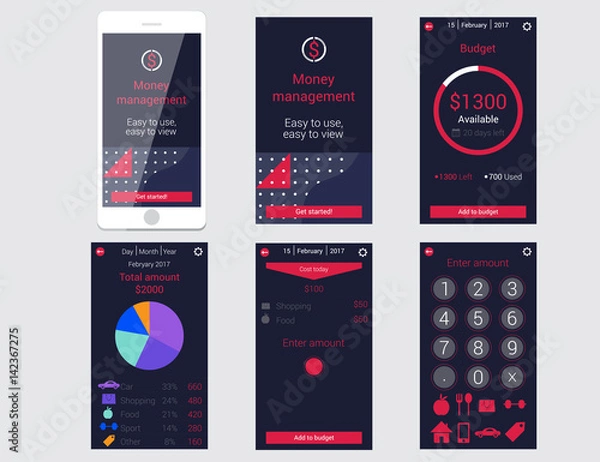 Fototapeta Money management mobile app concept. UI kit. Finance statistics, statistic analysis, finance information, business management. Vector illustration.