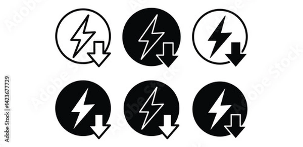 Fototapeta Energy Reduction Icons Black and White Circular Symbols with Lightning Bolts and Down Arrows Vector Design