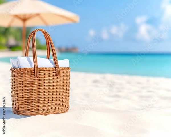 Obraz Beach picnic basket with towels on white sand