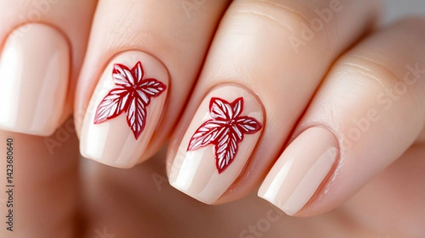 Fototapeta Close-up of elegantly manicured nails featuring a nude base and autumn leaf design