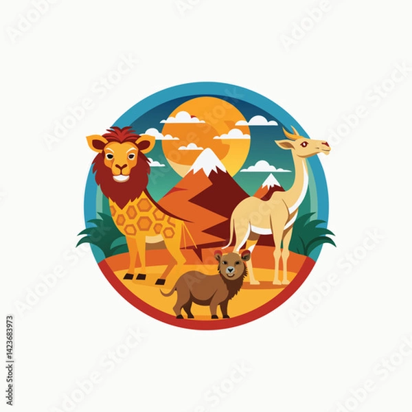 Obraz Standing single bactrian camel. Desert animal. Isolated hand drawn minimalist head logo, Icon, element. Vector illustration