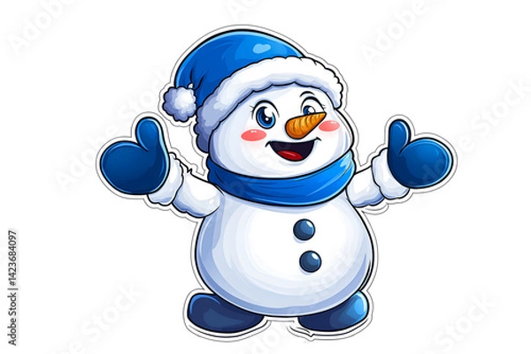 Fototapeta Cute kind joyful cartoon smiling snowman in a blue hat with a pompom, scarf and mittens isolated on a transparent background. Sticker with a cheerful happy snowman with a white outline for cutting