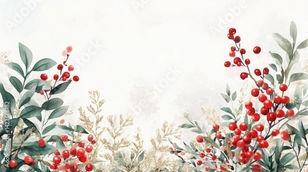 Fototapeta Botanical Christmas background with watercolor and glitter