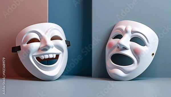 Fototapeta Comedy and Tragedy Masks White with Blush on a Grey and Blue Background Still Life