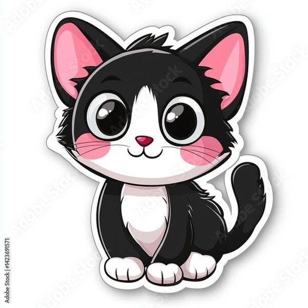 Fototapeta Cute Cartoon Vector Kitty Sticker with Big Eyes and Playful Expression, Designed in Flat Style with Bold Outline and White Background, Perfect for Fun and Kawaii-Themed Projects