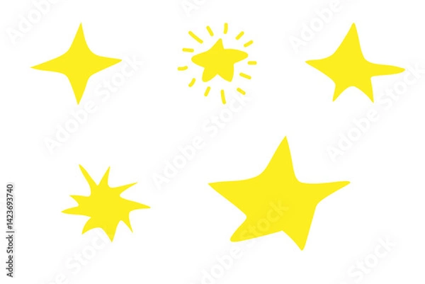Obraz Set of five icons isolated on  white background. Stars in different styles and shapes. Color is yellow. Flat cartoon design.