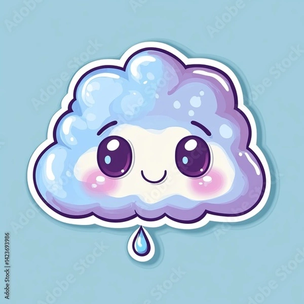 Fototapeta  Kawaii-Style Gloomy Cloud Sticker with Sad Facial Expression, Rounded Shape, Soft Pastel Colors, and Bold Outline on Clean White Background in Simple Flat Design

