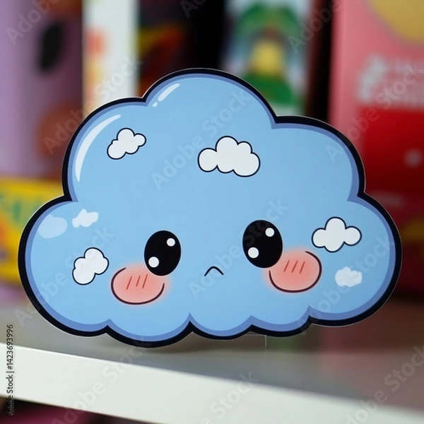 Fototapeta  Kawaii-Style Gloomy Cloud Sticker with Sad Facial Expression, Rounded Shape, Soft Pastel Colors, and Bold Outline on Clean White Background in Simple Flat Design

