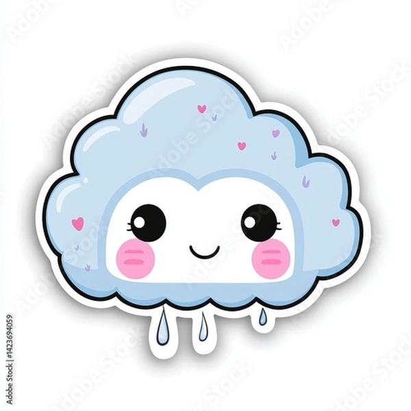 Fototapeta  Kawaii-Style Gloomy Cloud Sticker with Sad Facial Expression, Rounded Shape, Soft Pastel Colors, and Bold Outline on Clean White Background in Simple Flat Design

