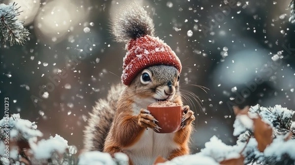 Fototapeta Cheerful squirrel in knitted hat drinking cocoa in a winter forest with fir trees and snow