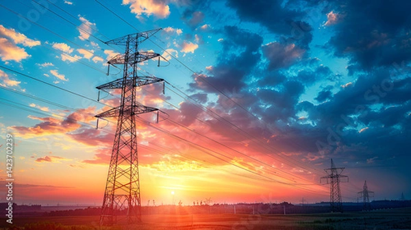 Fototapeta High voltage power line tower silhouetted against a striking sunset sky filled with vibrant orange and pink clouds contrasting against the deep blue evening sky.
