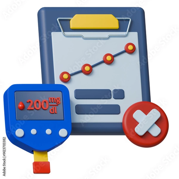 Obraz Medical and healthcare 3d icon. High blood glucose level on monitor with chart and glucometer.
