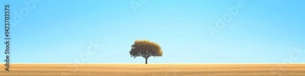 Fototapeta A minimalistic scene of a single tree in a sunlit meadow. The vast, cloudless sky provides ample negative space for logos, event titles, or inspirational quotes.