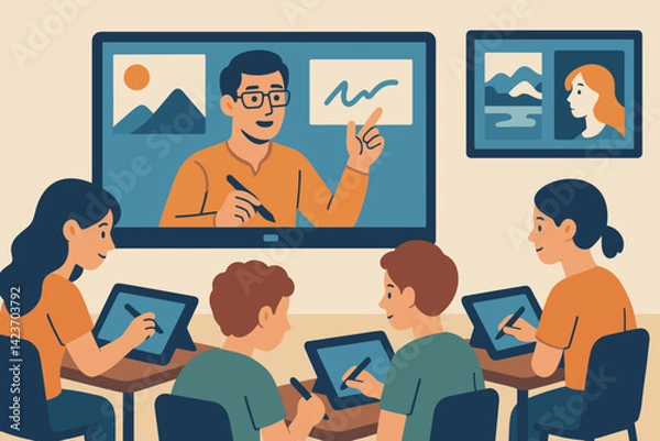 Fototapeta A learning space where pupils acquire digital art skills through the use of tablets and monitors