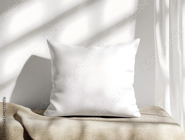 Obraz White Square Pillow On Woven Brown Fabric With Window Shadows And Bright Light