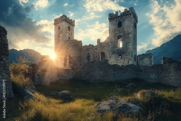 Fototapeta Sunset illuminates ancient castle ruins in a tranquil mountain landscape