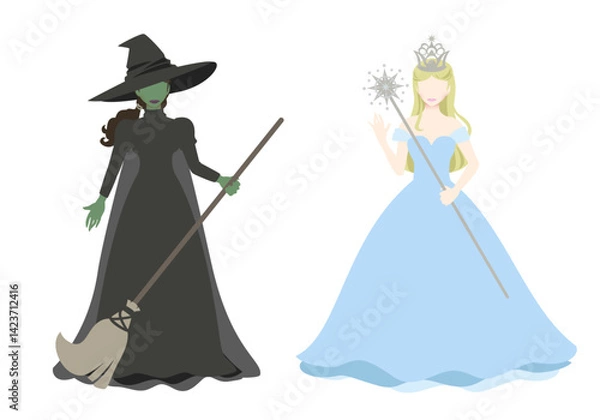 Fototapeta オズの魔法使いのふたりの魔女たち、ステッキを持った金髪の善い魔女とホウキを持った緑の肌の悪い魔女