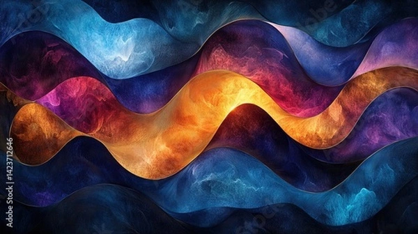 Fototapeta Abstract Wavy Composition with Vibrant Colors and Golden Outline