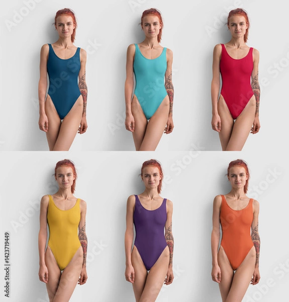 Fototapeta Mockup of colorful swimsuits on a slender redheaded girl with a tattoo, front view, monokini for design, print, pattern, branding.