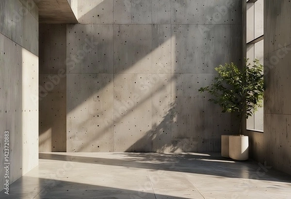 Fototapeta a minimalist concrete interior features soft sunlight casting shadows on the textured walls and floor, complemented by a small potted tree near a window.