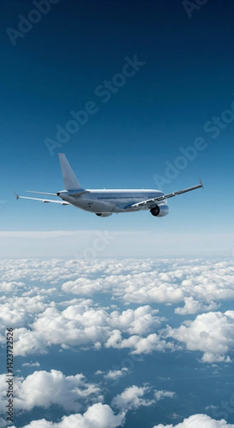 Fototapeta AI illustration of a plane at high altitudes flying above the clouds in a blue daytime sky