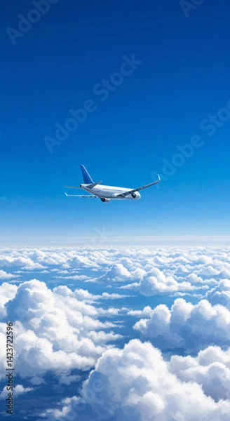 Fototapeta AI illustration of a plane at high altitudes flying above the clouds in a blue daytime sky