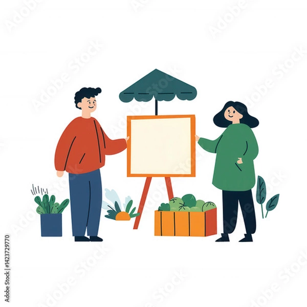 Fototapeta Two people standing in a garden setting, displaying a blank sign, surrounded by plants and greenery, under a green canopy, showcasing a cheerful and vibrant atmosphere.
