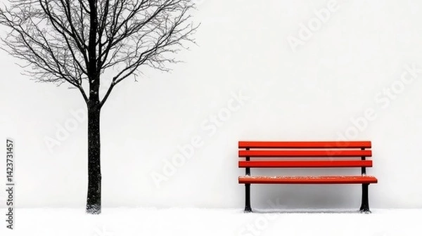 Fototapeta 23. A minimalist shot of a lone bench in a snow-covered park.