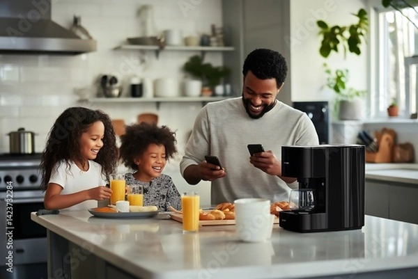 Fototapeta Happy African American Father and Two Daughters Enjoying Breakfast in a Bright Modern Kitchen While Using Smartphones