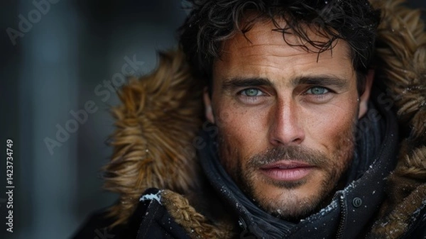 Fototapeta Man with striking features and intense gaze wearing a warm coat adorned with fur standing in a winter environment