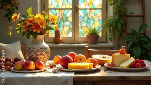 Fototapeta Sunlit Tabletop Still Life Featuring Peaches, Cheese, and a Bouquet of Yellow Flowers in a Decorative Vase