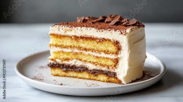 Fototapeta A slice of classic tiramisu cake on a white plate, cocoa dusting on top, side view with soft lighting