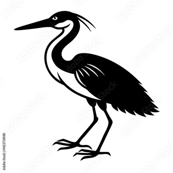 Fototapeta An elegant heron, rendered in bold black and white, stands proudly in profile, its long beak poised, showcasing its graceful form and the stark contrast between light and shadow.
