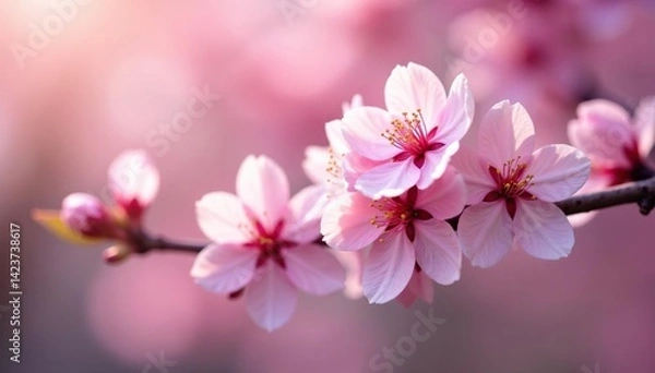 Fototapeta Delicate pink sakura blossoms, soft petals, branch details, elegance, background