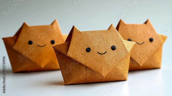 Obraz [Home Office conferencing telecommuting task] Whimsical Origami Art Colorful Paper Creations in 3D Relief on Brown Paper Background