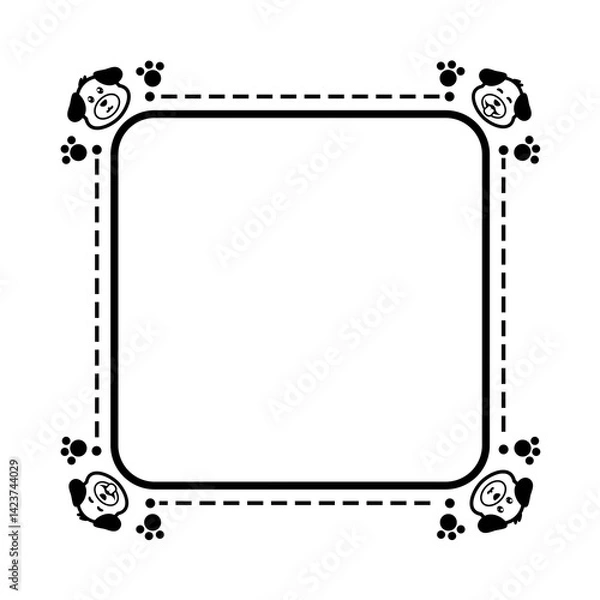 Fototapeta black dash line square frame and cute dog on corner