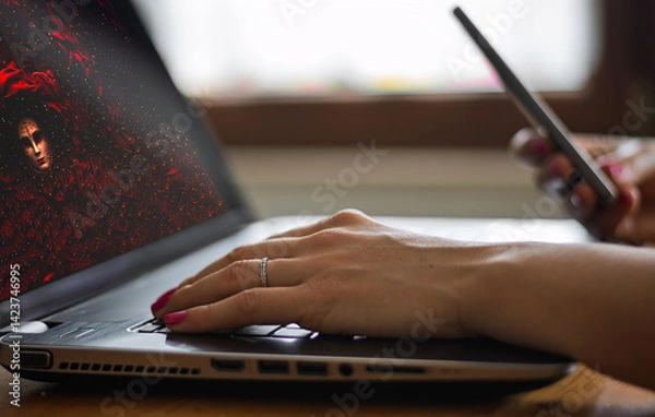 Obraz The woman's hands are divided between her mobile phone and her laptop
