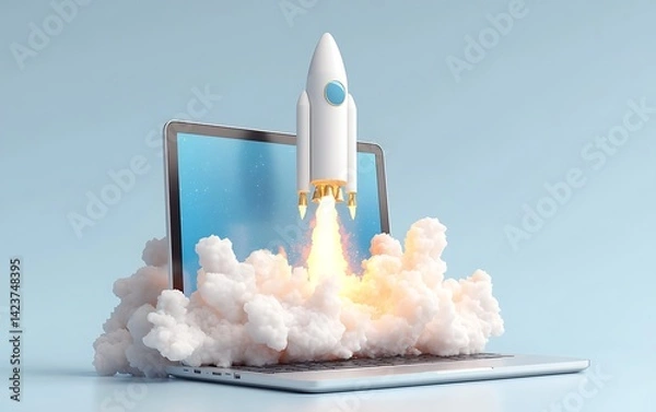 Obraz Rocket launching from laptop screen.