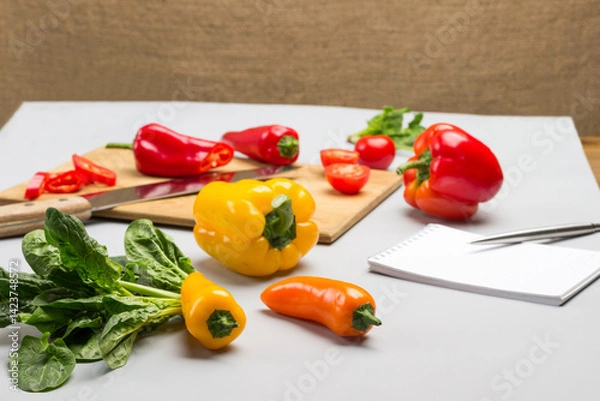 Obraz Pepper and knife on cutting board. Peppers and spinach leaves on table.  Pen and notebook