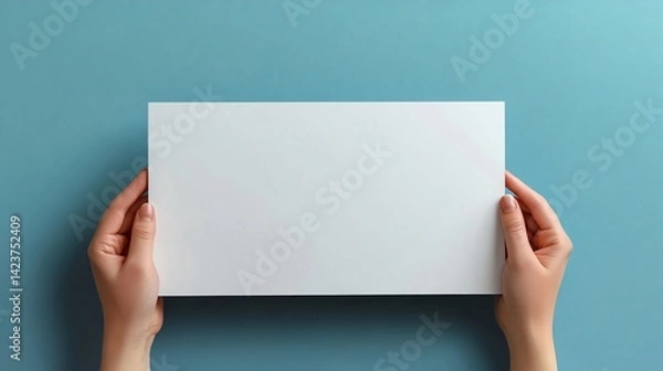 Obraz Hands holding blank white rectangular card against solid blue background for mockup.