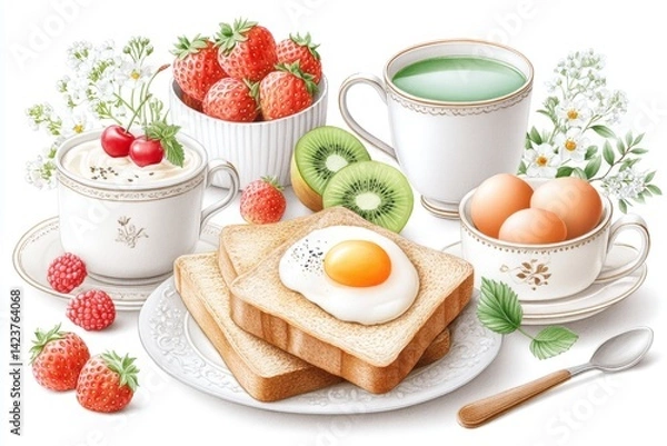 Fototapeta A soft watercolor illustration of a vegan breakfast spread with fruit, toast, and tea