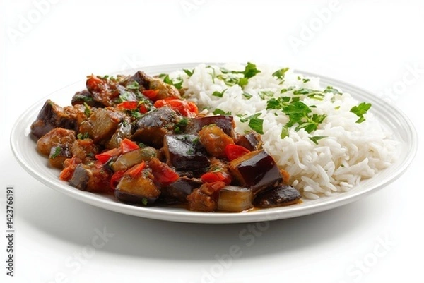 Fototapeta  delicious meal of eggplant and rice served on plate  isolated on white background
